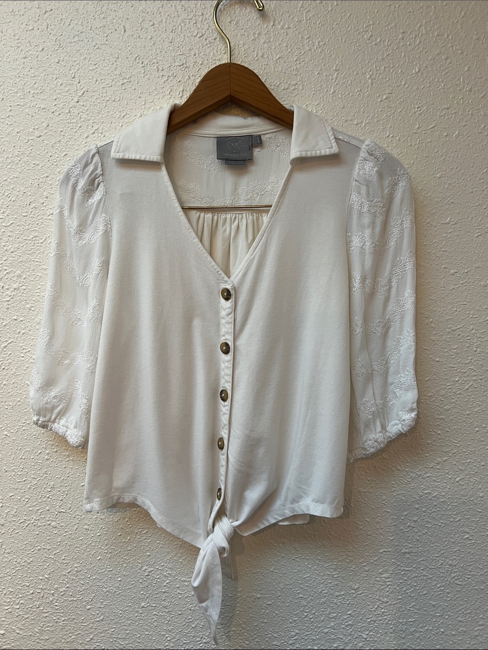 Anthropologie Ivory Button-Down Tie-Hem Blouse
